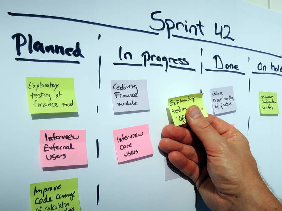 A close-up photo of a hand adding a Post-It note to a Scrum board.