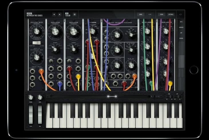 Beautiful mobile UI of Moog's Model 15 app on a iPad, landscape mode.