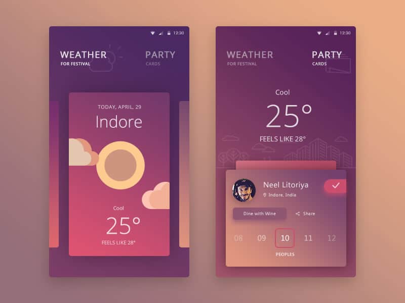 Shot of the beautiful mobile UI of a personal festival app concept by Prakhar Neel Sharma.
