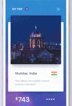 Swipe to travel mobile app interaction featuring Tinder-style cards layout and swiping gestural interaction.