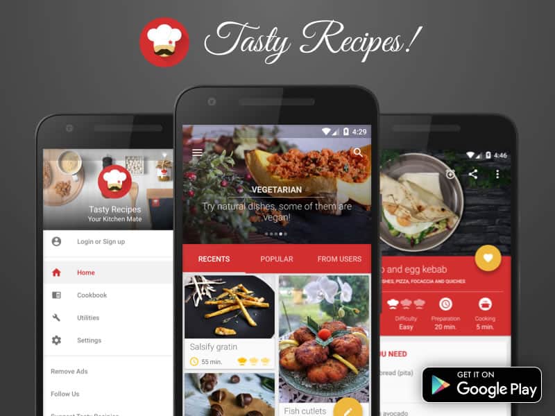 Three screenshots of Tasty Recipes' beautiful mobile UI on Android-powered Google Nexus devices.