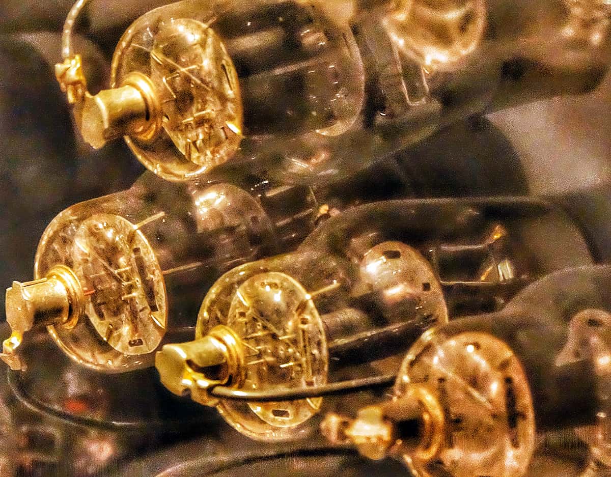 A close-up of vacuum tubes, a vulnerable feature of early computer technology.