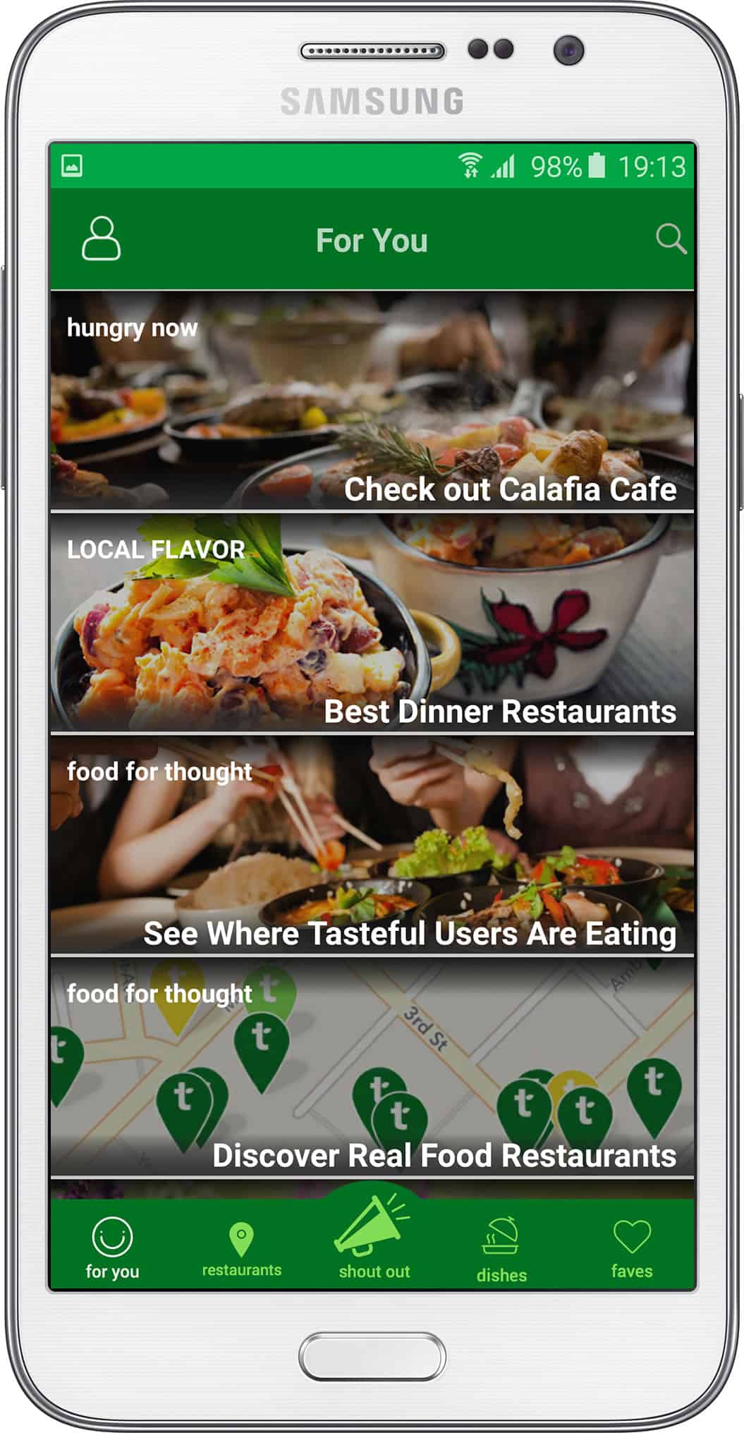 A screenshot from the Tasteful app displays a number of restaurant options, as well as a map of where local restaurants can be found.