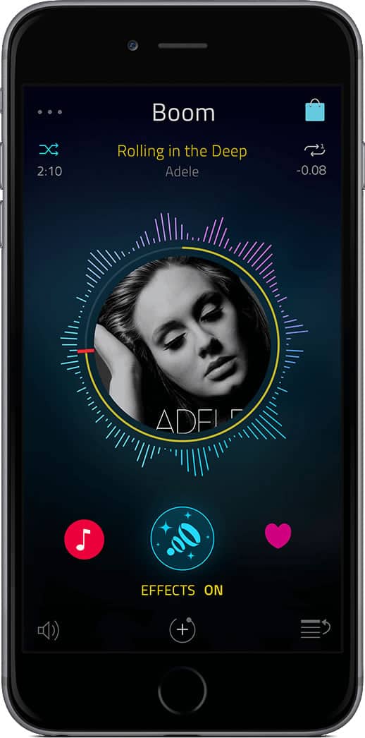 Screenshot of Boom app playing a song by Adele on black iPhone.