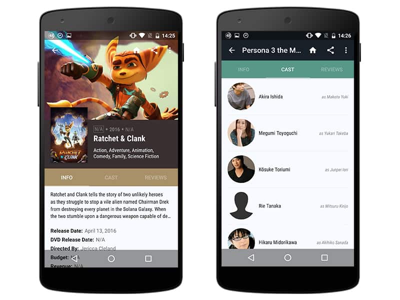 Two screenshots of beautifully designed app Cinematics: The Movie Guide on Android-powered Nexus 5 device.