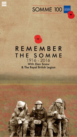 Home screen of the beautifully designed app Somme 100 by Dan Snow and The Royal British Legion.