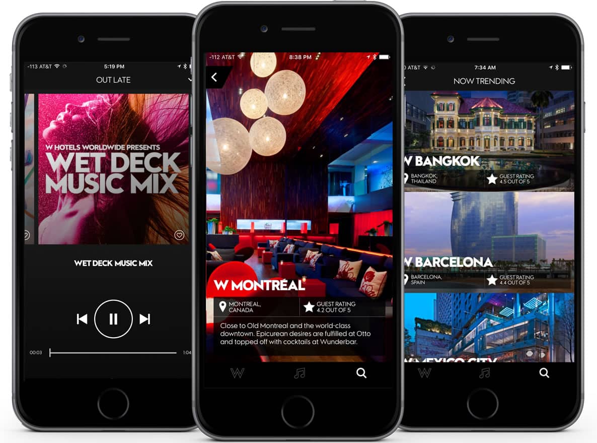 Screenshots of branded mobile app W Hotels, design by Stephen Gates.