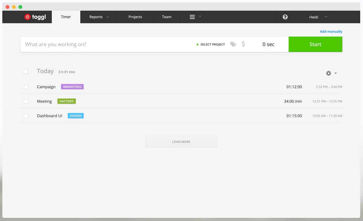 Screenshot of Toggl desktop client for Mac OSX.
