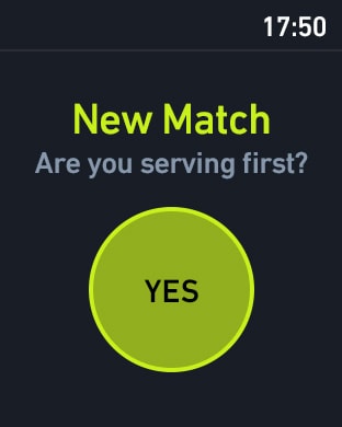 A screen from the Pulse Play Android Wear app asks the user if they are serving first.