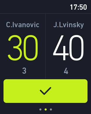 A screen from the Pulse Play Android Wear app shows the final score of a tennis game.