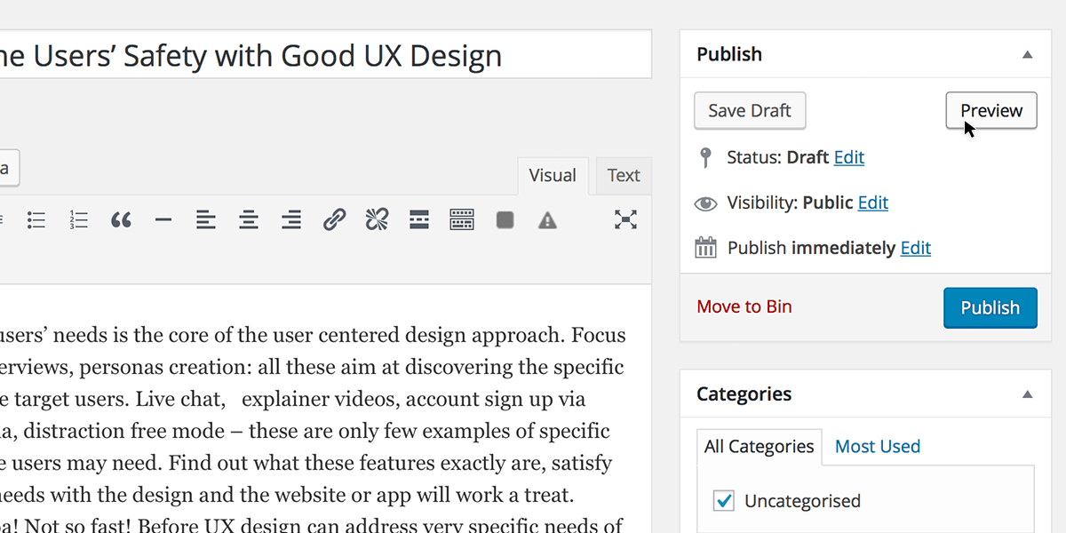 Screenshot of WordPress text editor with cursor pointed at 'Preview' Button.