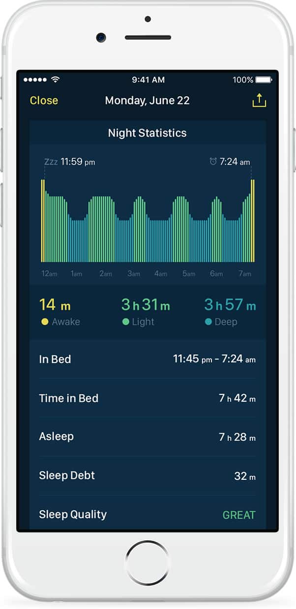 Night statistics view of alarm clock app Good Morning Alarm Clock on iPhone.