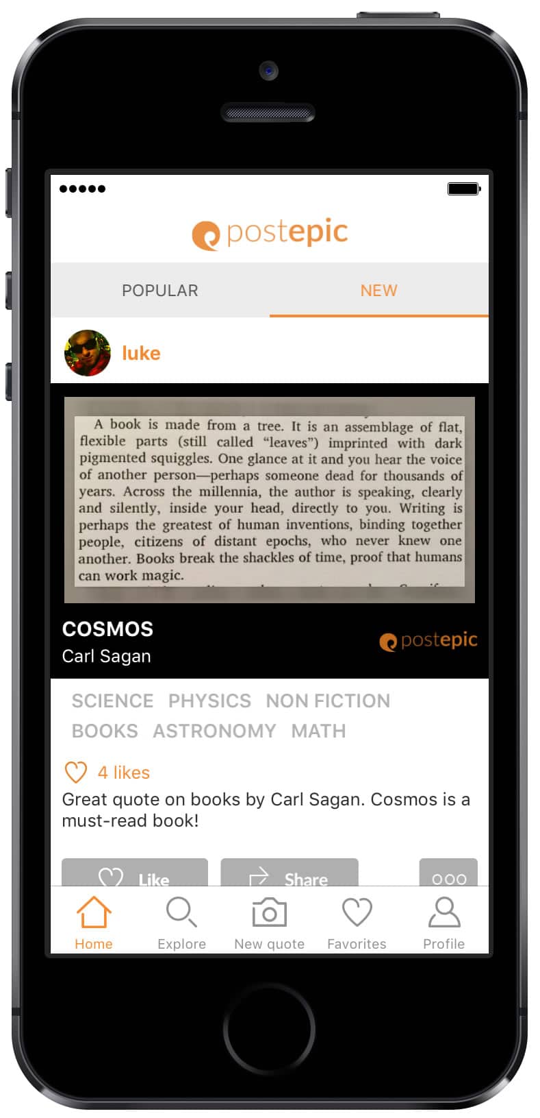 Beautiful mobile app designs by Postepic, an app to capture and store your favorite quotes from books.