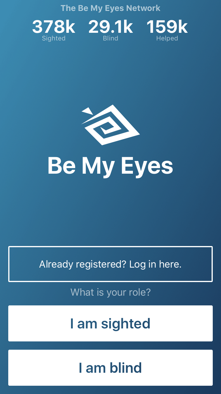 Screenshot of the home screen for the mobile app Be My Eyes