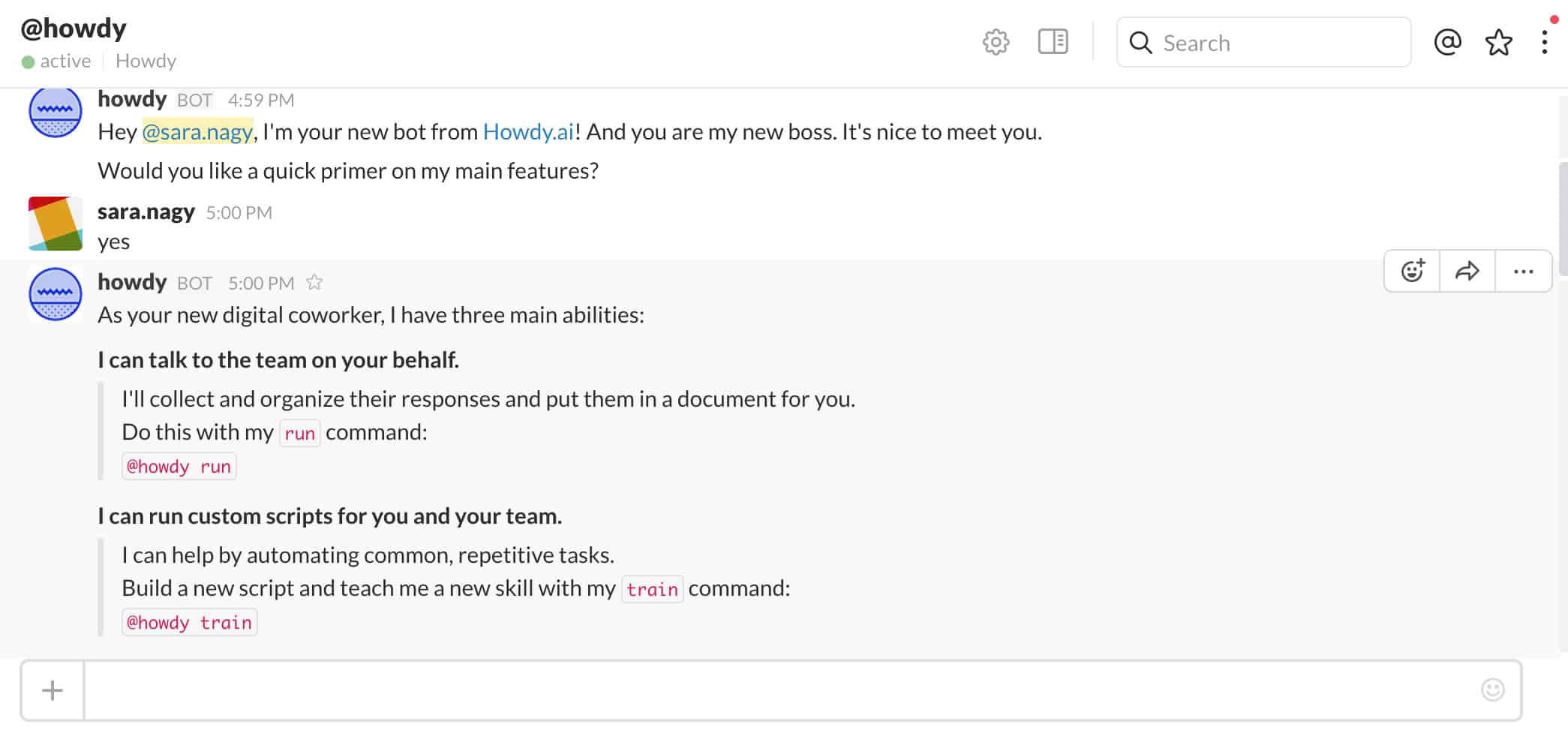 A screenshot of a Slack page with Howdy Chatbot