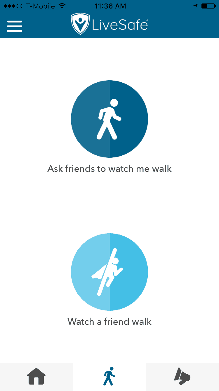 Screenshot of LiveSafe page with a button to ask friend to watch you walk or to allow you to watch a friend walk.