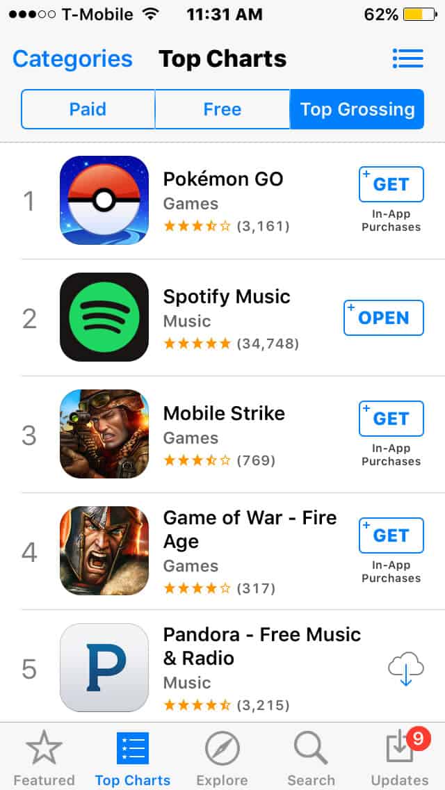 A photo of the top grossing apps on the App Store.
