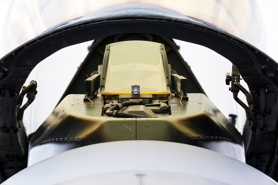 A picture of a heads-up display in the cockpit of a fighter plane.