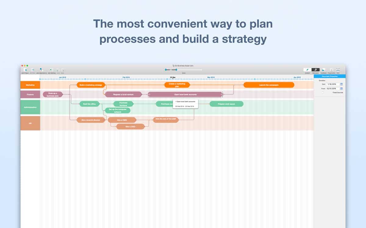 A screenshot of Roadmap Planner timeline with four different departments and their assigned tasks with due dates.