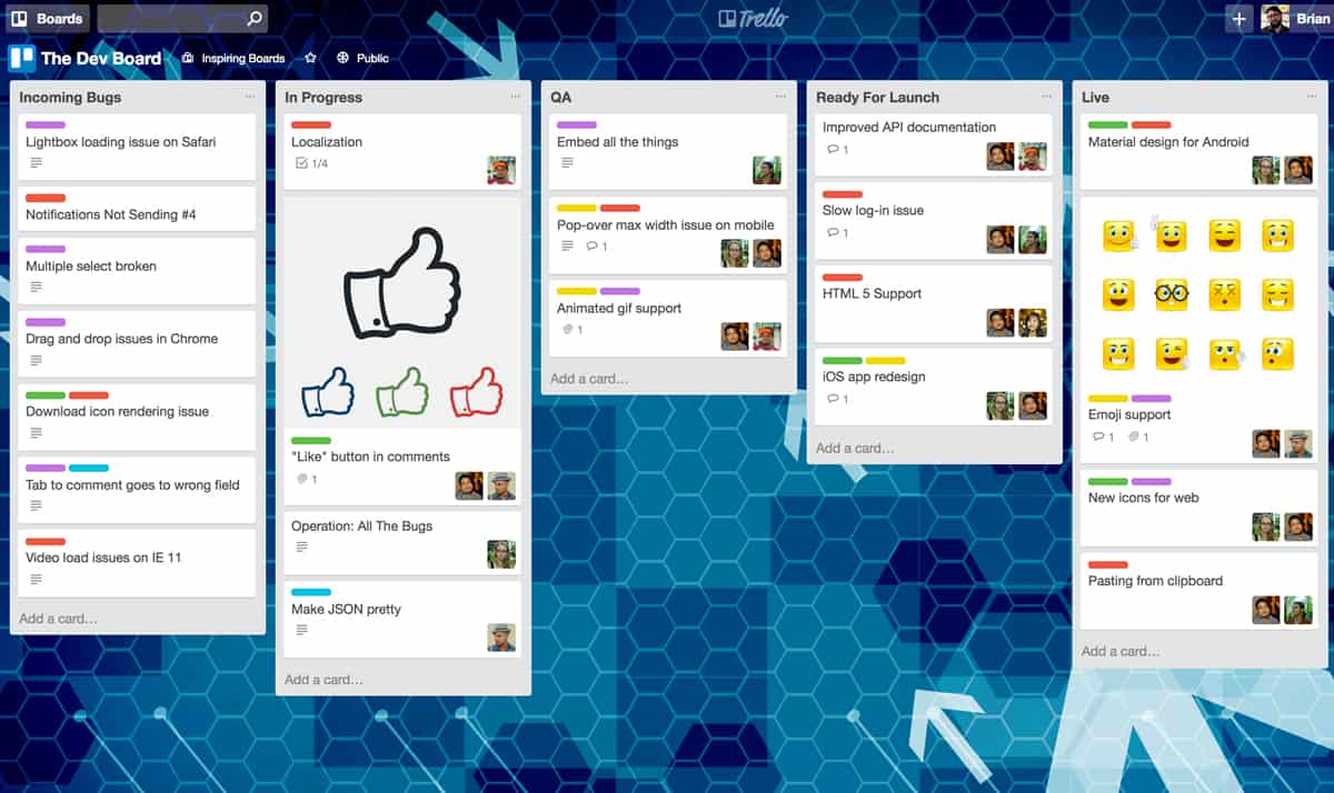 A screenshot of a Trello Board for a product development team with five cards on it.