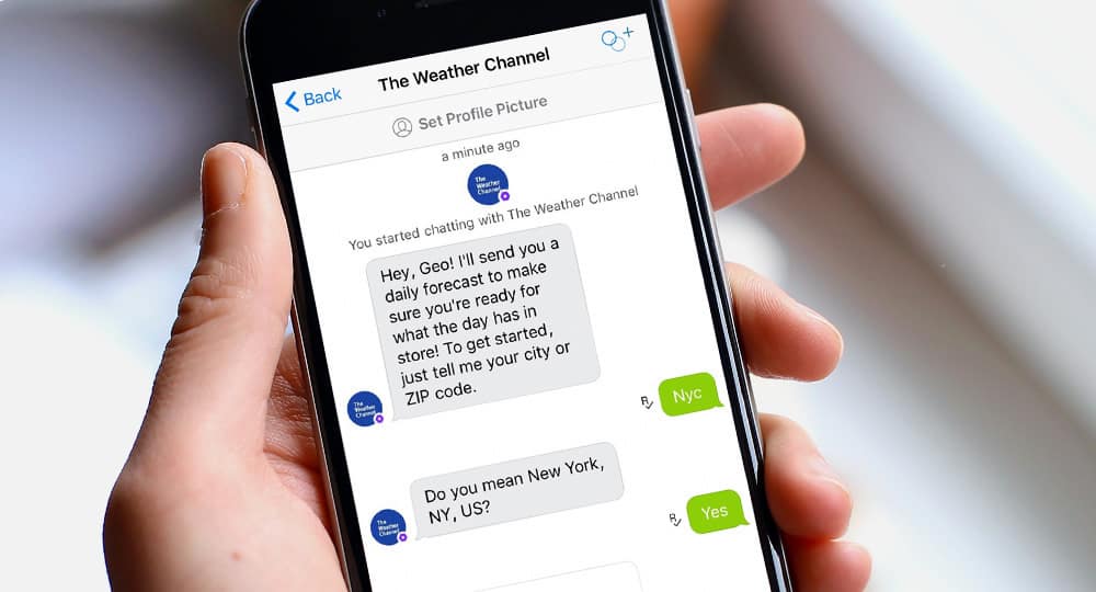 A photo of The Weather Channel’s chatbot.