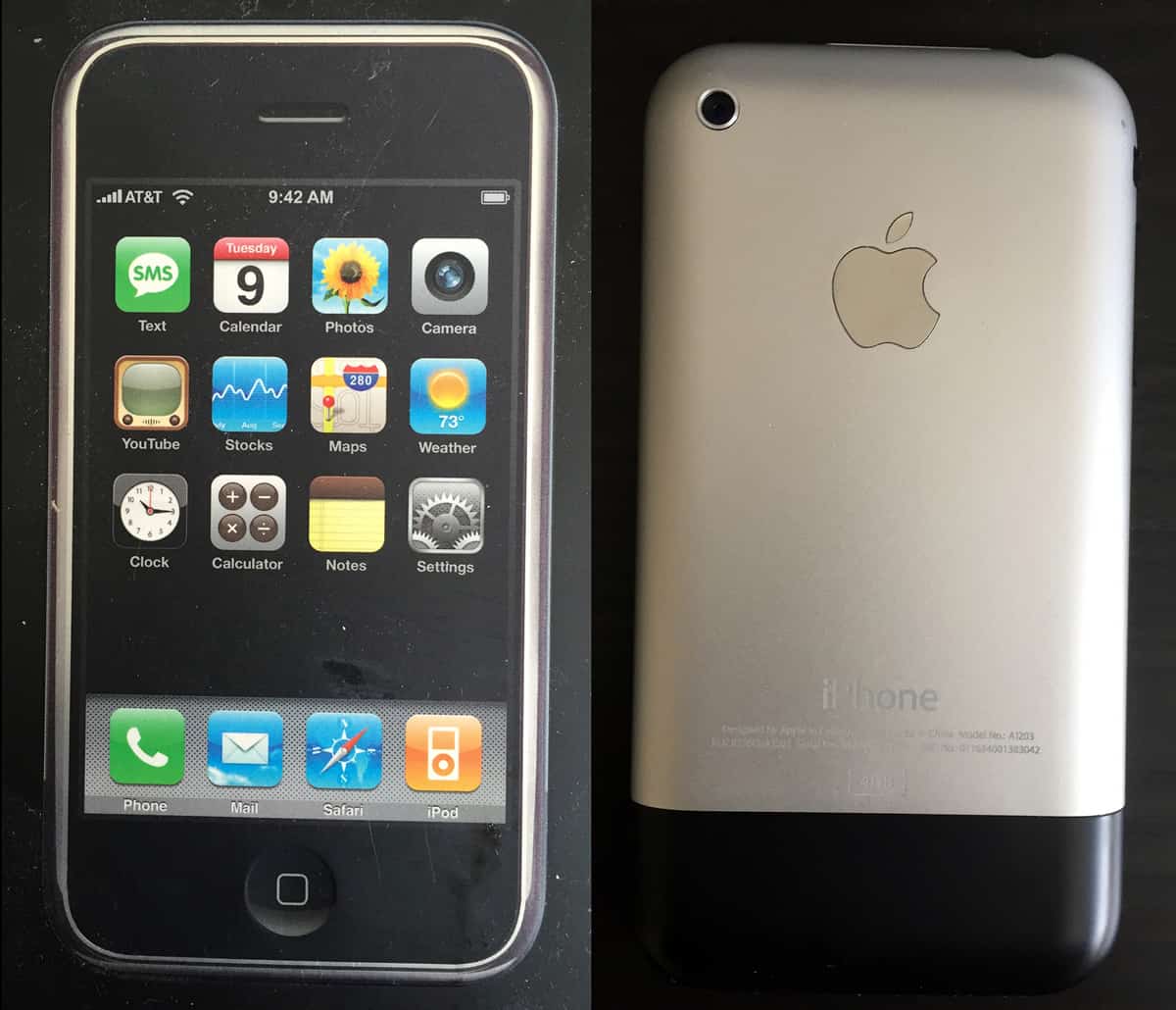 Two images, side by side, of the front and back of the original iPhone.