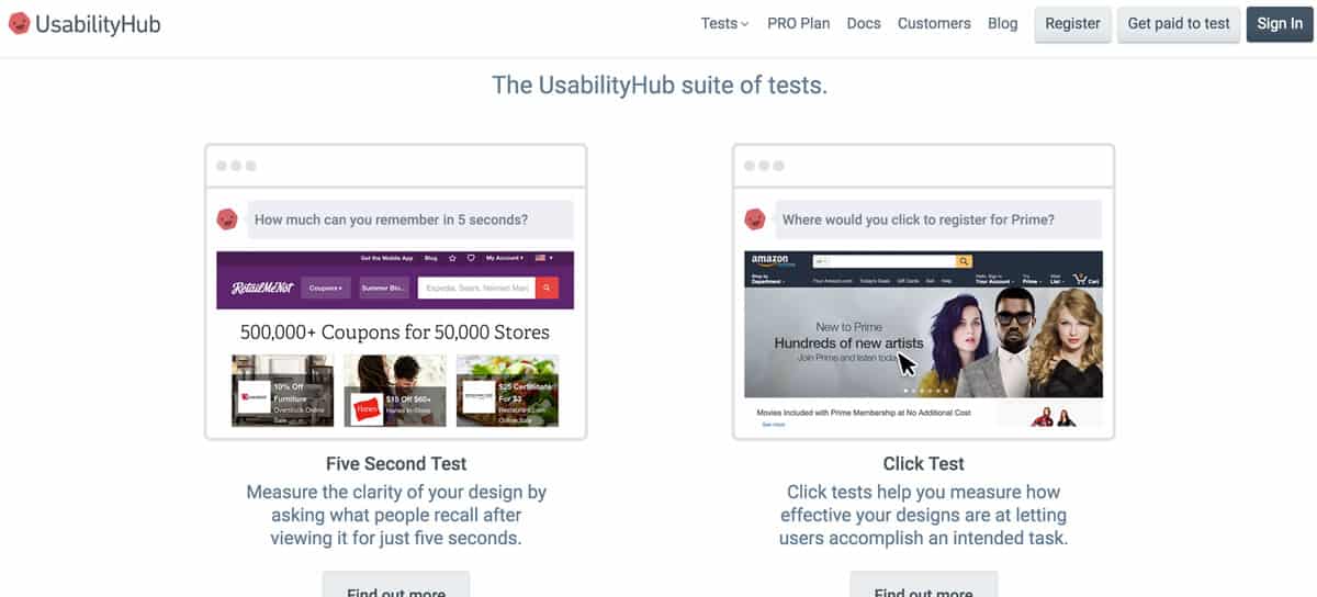 Image of Usability Hub’s website showing their suite of tests including the five second and click tests.