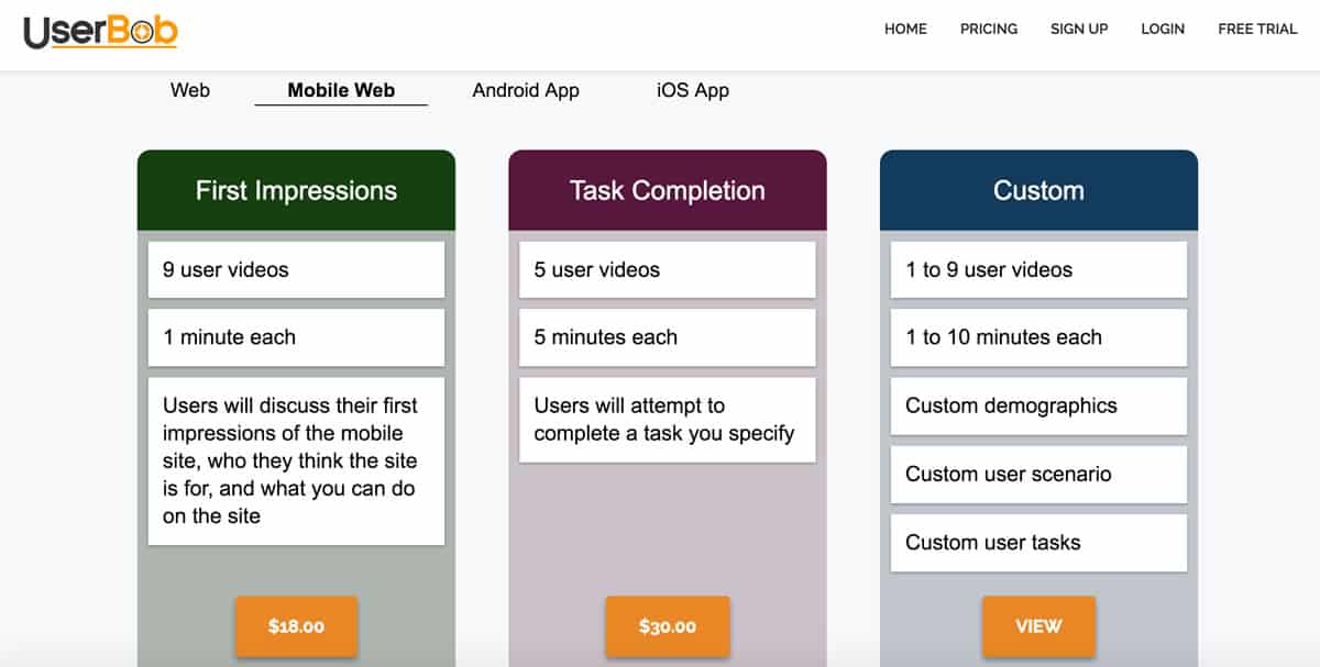 Image of a screen showing testing options for a mobile web including first impressions, task completion, and custom.