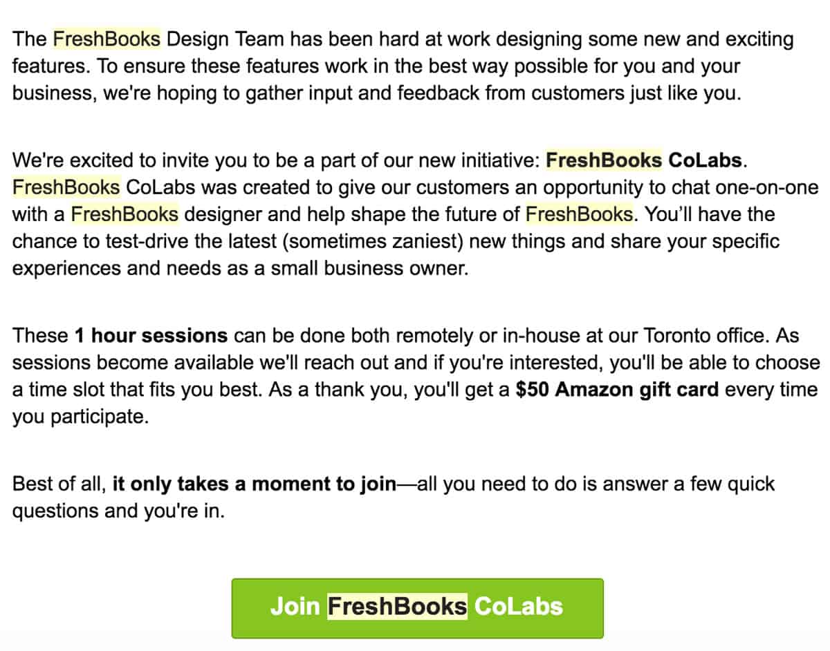 Image of an email from Freshbooks inviting users to take part in a one-hour user research session for FreshBooks Co Labs. They are offering a $50 Amazon gift card