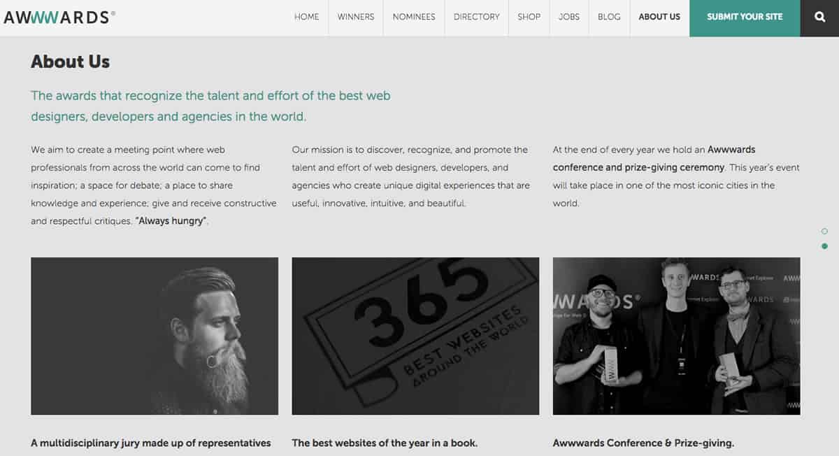 A screenshot of the Awwwards “About Us” page of their website.