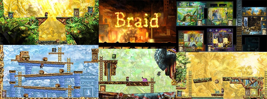 A photo of the splash screen and several levels from Braid.