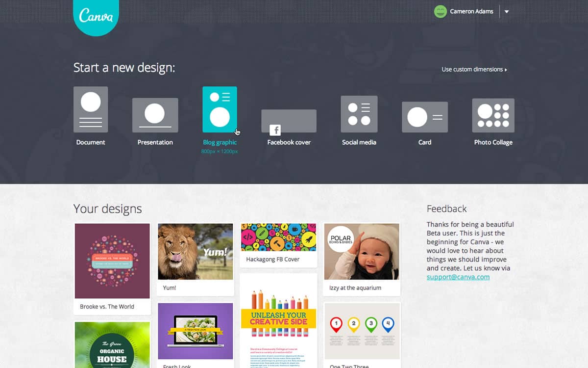 A screenshot of the Canva webpage asking what kind of new design you would like to make.