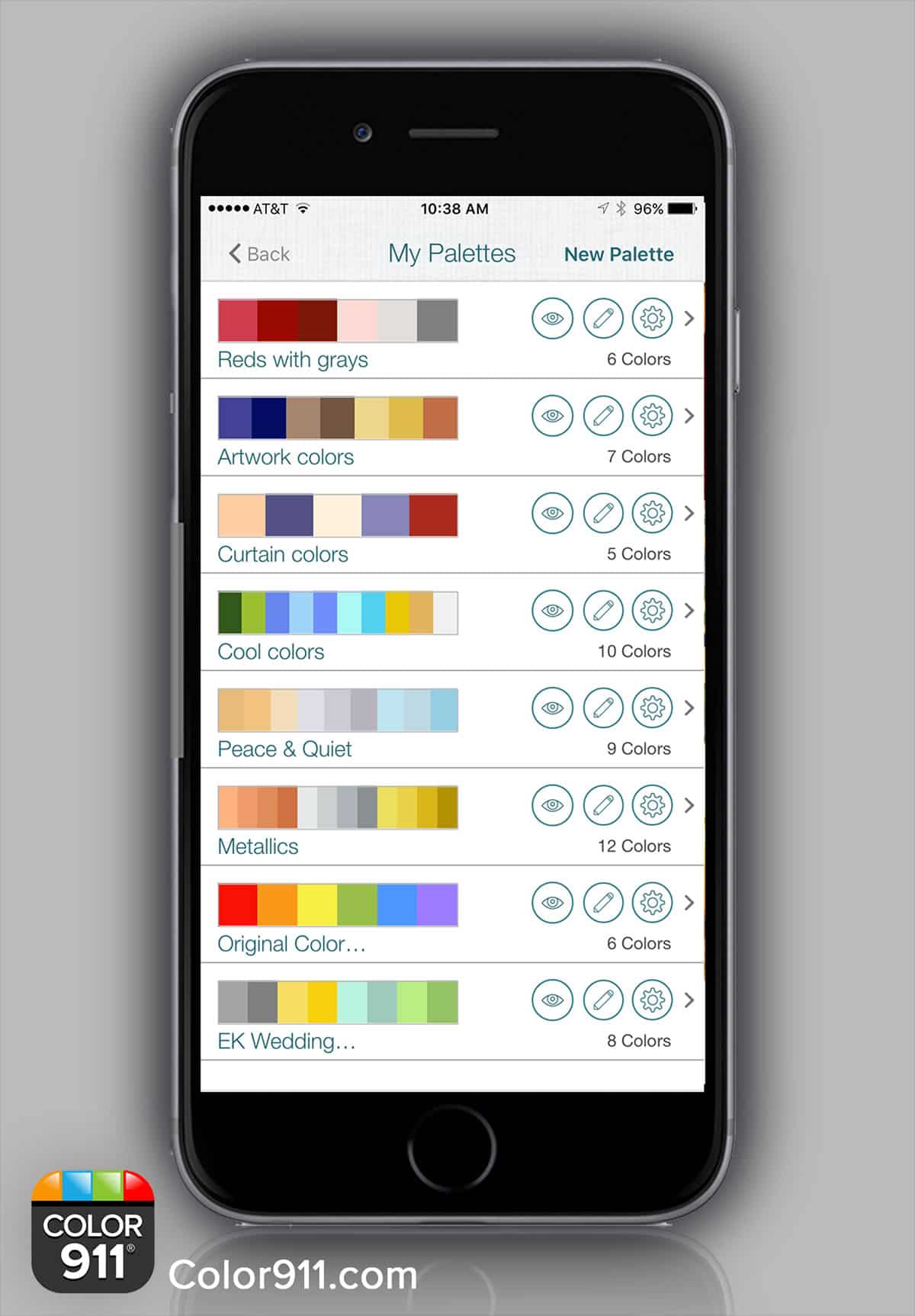 An image of the Color911 app on an iPhone displaying multiple color palettes.