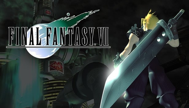 A photo of promotional art for Final Fantasy 7 featuring Cloud.