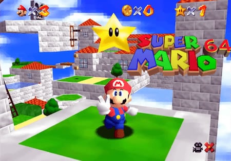 A photo of the Mario 64 splash screen and user interface.