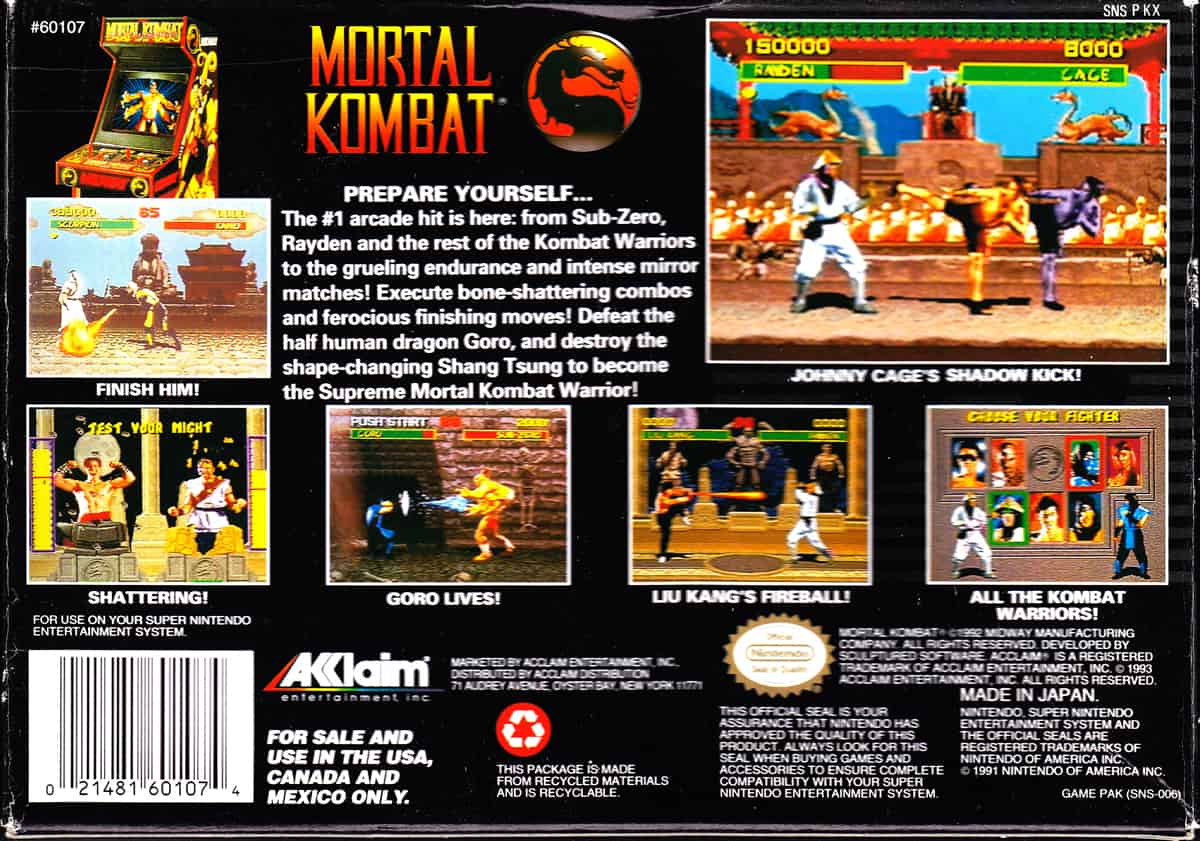 A photo of the back cover of the original Mortal Kombat game.