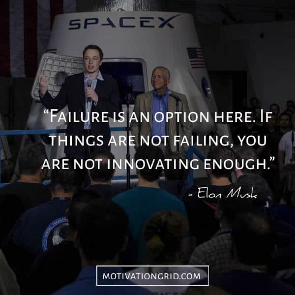 A photo of Elon Musk and partner talking to a crowd in front of a SpaceX shuttle with a quote on it.