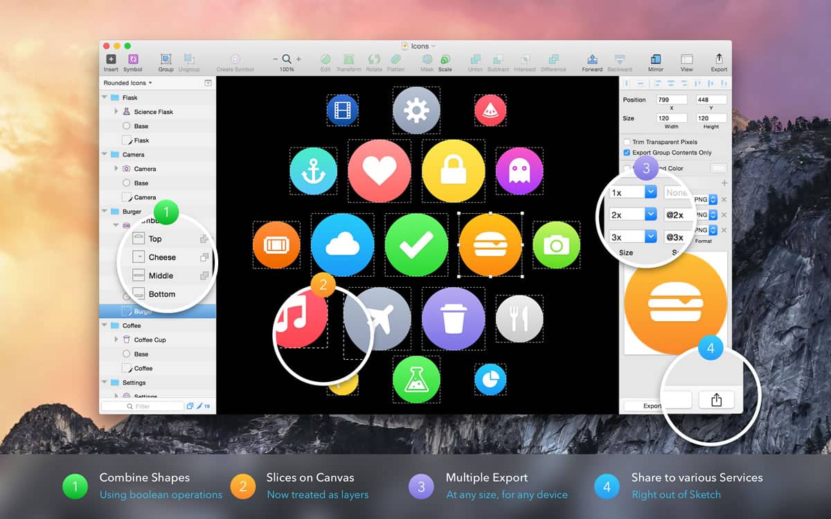 A screenshot of Sketch showing a project with many icons and popups to highlight features.