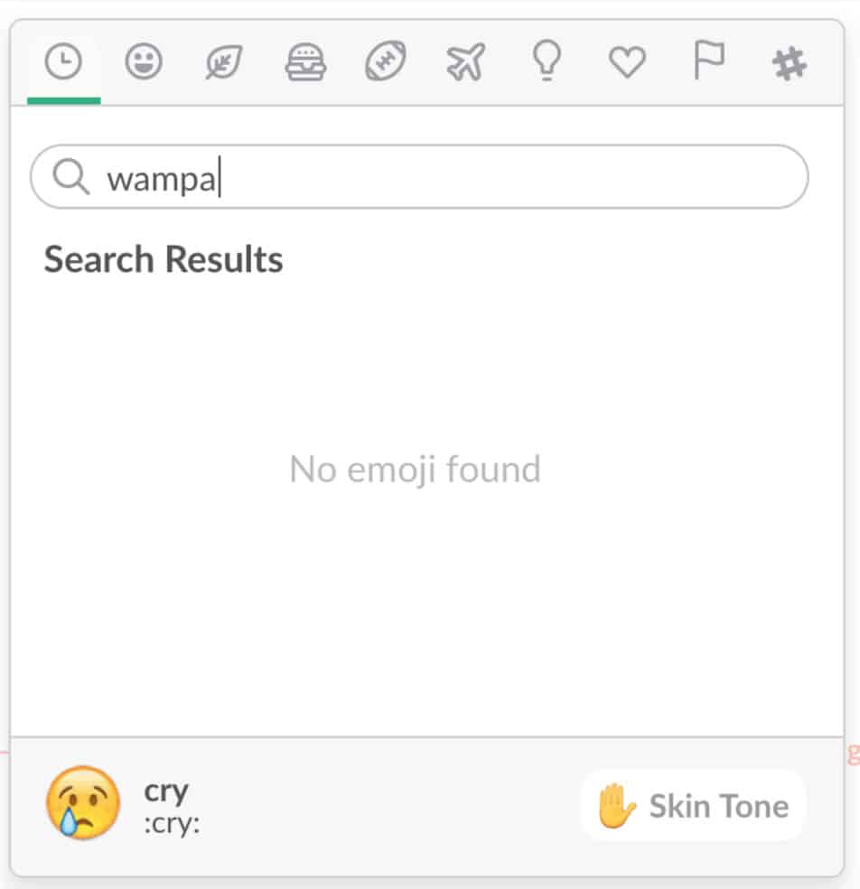 Screenshot of Slack App page where no emoji is found, and Slack recommends a cry emoji.