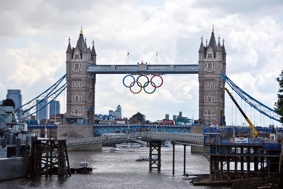 A photo of the Tower Bridge in London during the 2012 Summer Olympic Games.