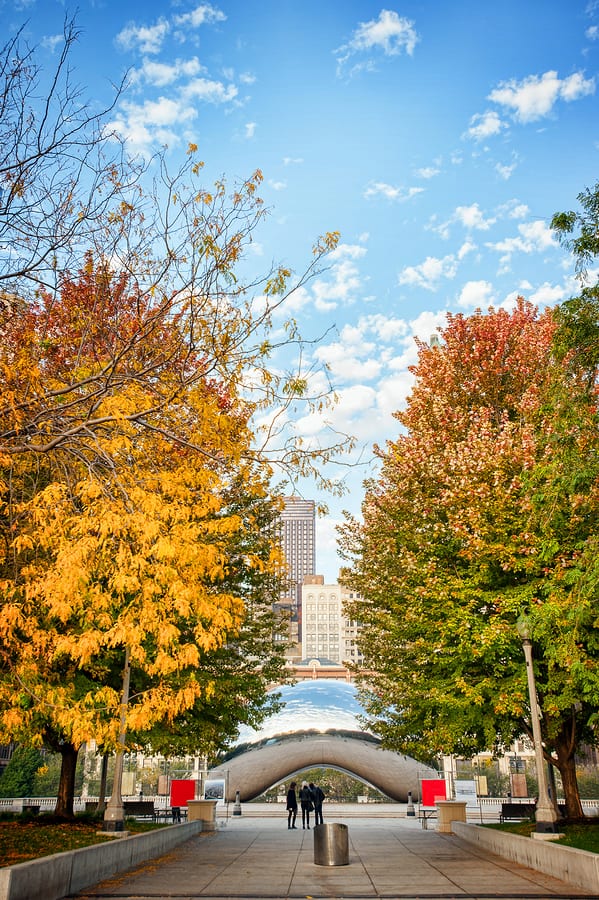 A photo people looking at Cloud Gate in Millennium Park, surrounded by beautiful autumn leaves.