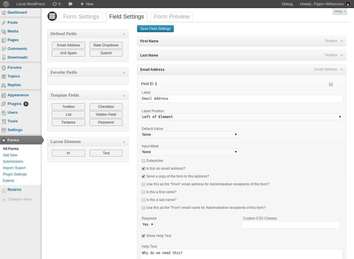 A photo of the Ninja Forms backend in WordPress.