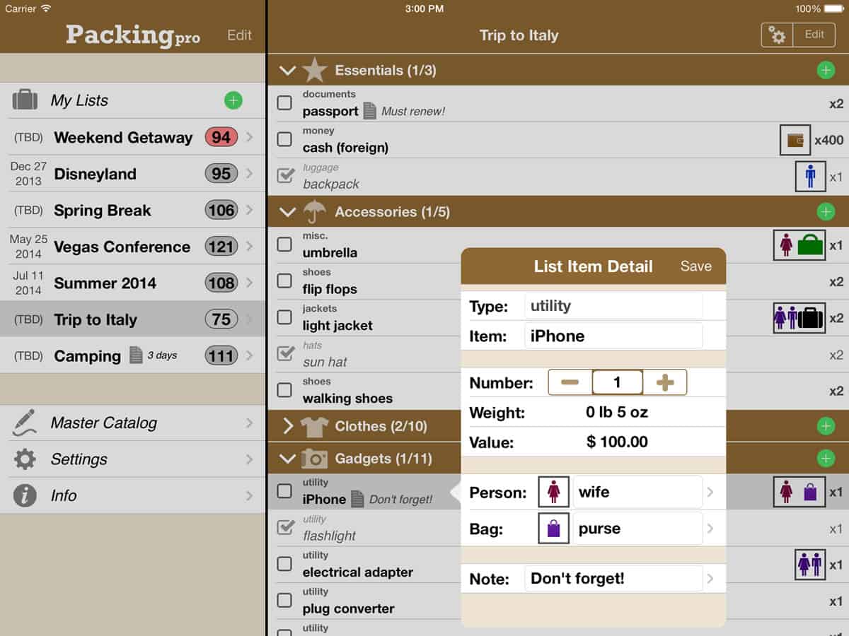 A photo of Packing Pro, one of many useful apps.