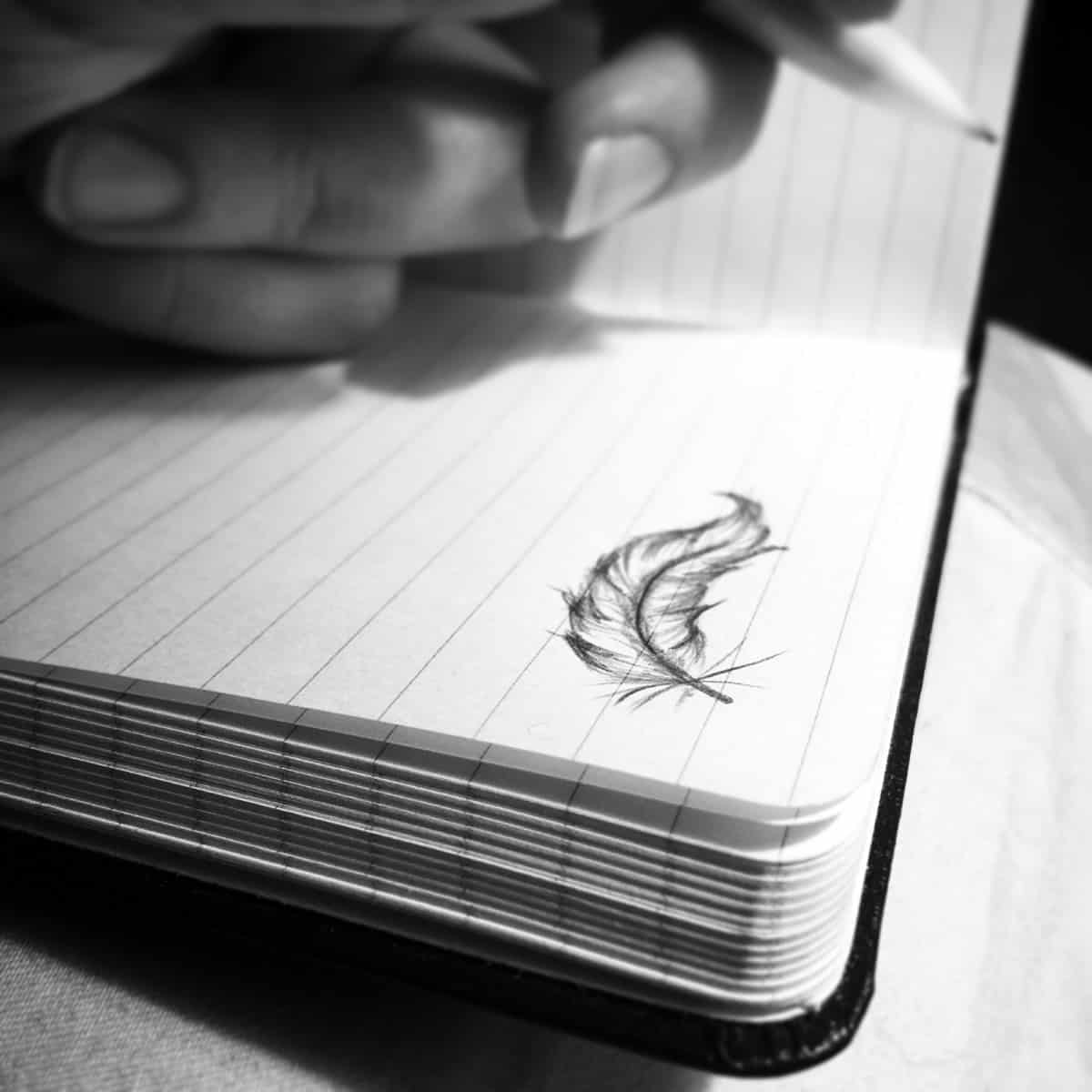 A photo of a feather doodled on the top right-hand corner of a notebook.