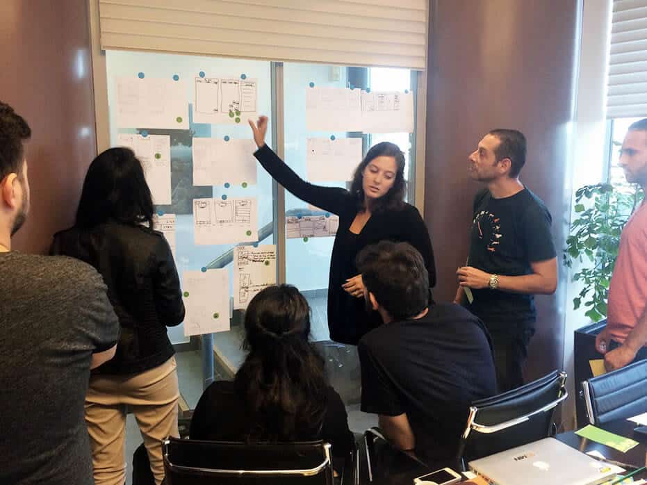 A photo of a team using design sprints during a meeting.