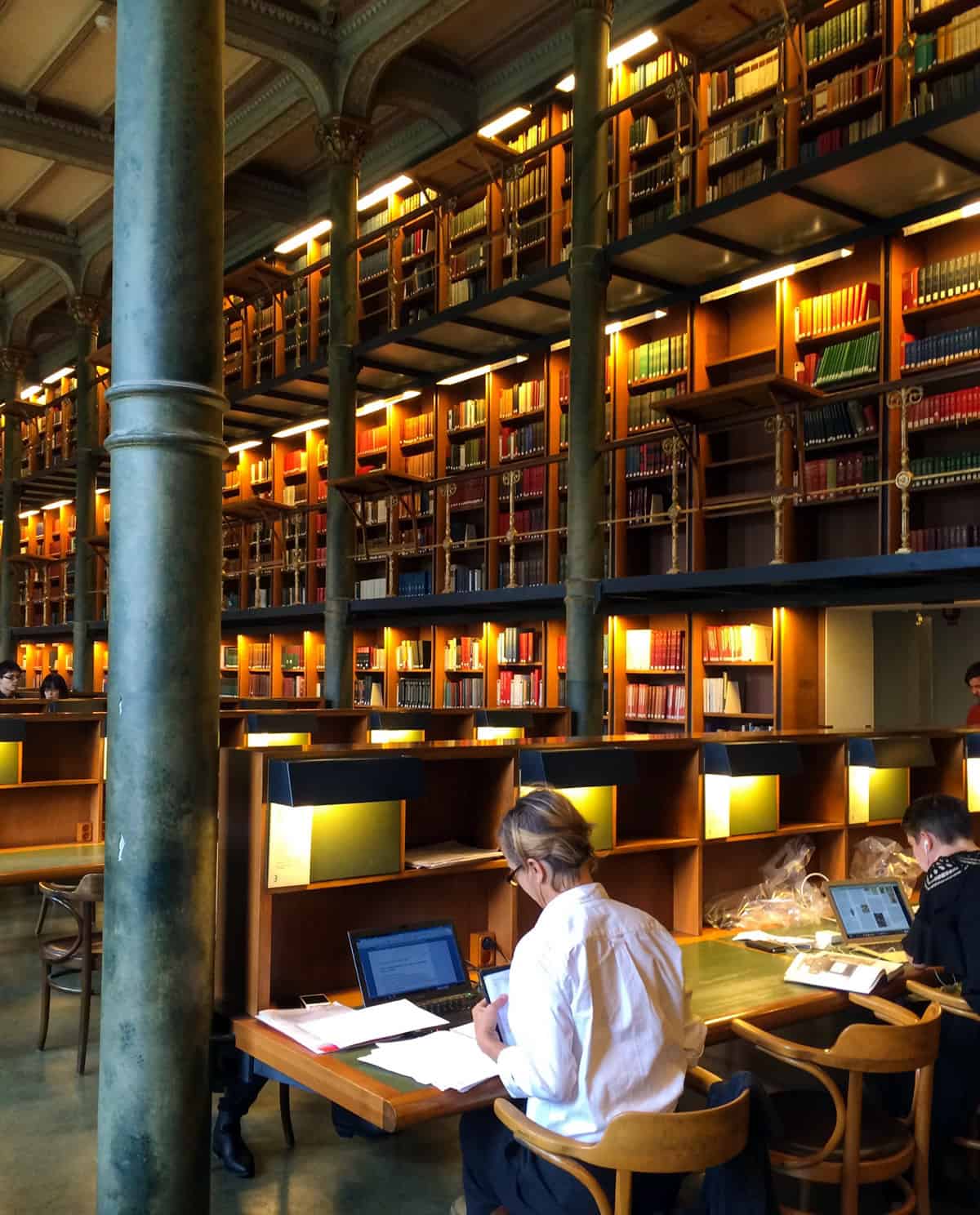 A photo of people using study cubicles at a library.