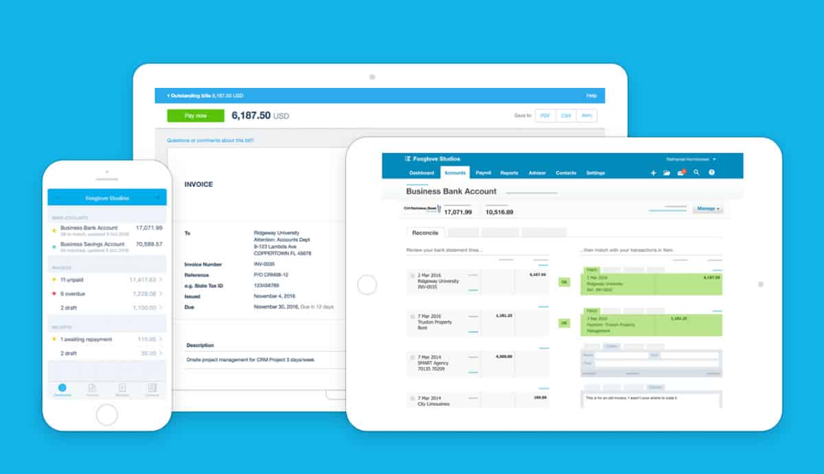Image of the Xero dashboard on three devices: mobile, tablet and desktop