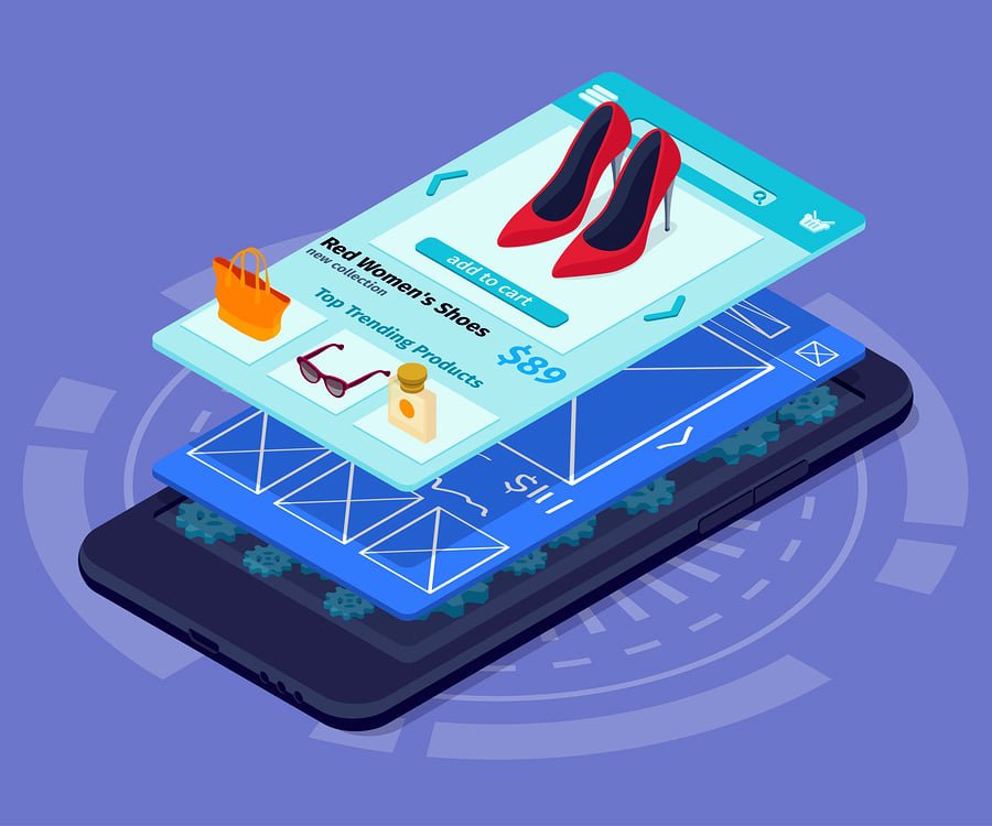 A 3D rendering of an app showing a prototype of a red women’s shoe retail page on top of a wireframe.