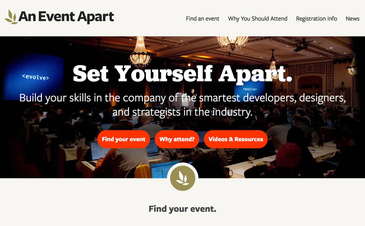 Image of the homepage for the Event Apart conferences for 2017.