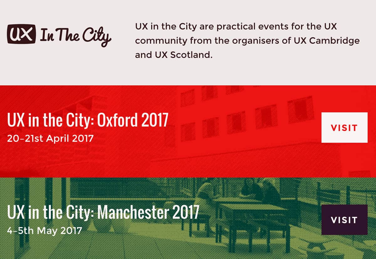 Image of the homepage for the UX in the City conferences for 2017.